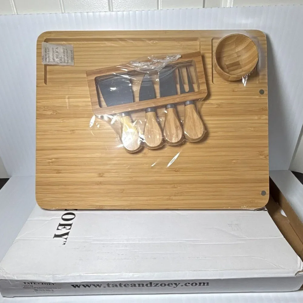 Tate + Zoey Z0178 Bamboo Cutting Board Set w/ Tray & 5-Pc Cheese Knives